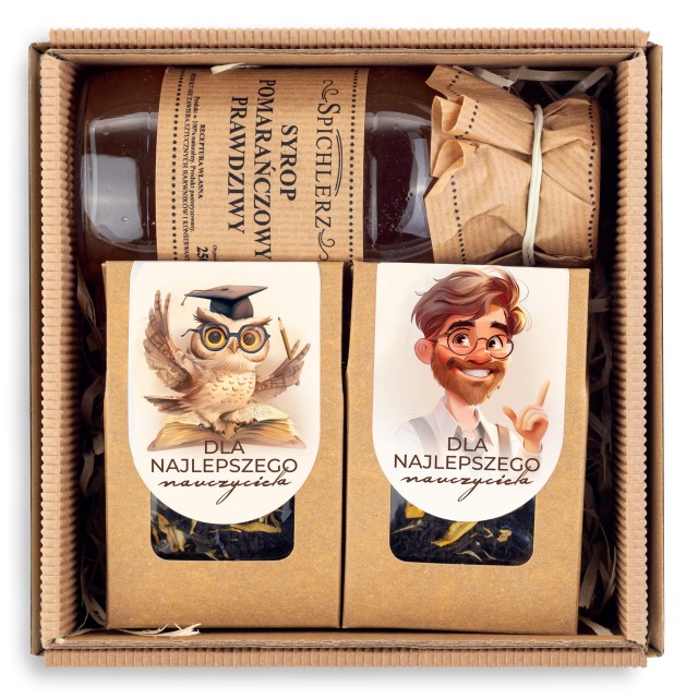 Zestaw kosz prezentowy DLA NAUCZYCIELA na prezent mężczyzna kartonik