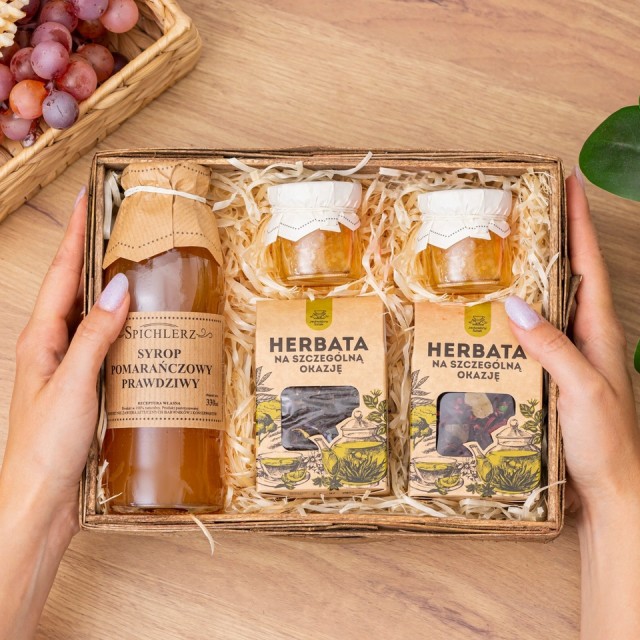 BOX Prezentowy Naturalny SYROP POMARAŃCZOWY herbata KONFITURA pomarańczowa
