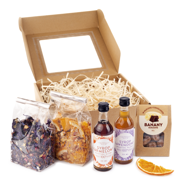 ZESTAW herbat z syropami i bananem w czekoladzie PIĘKNE OPAKOWANIE