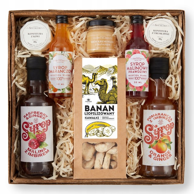 BOX prezentowy dużo składników ZESTAW UPOMINKOWY syropy miód konfitura lio