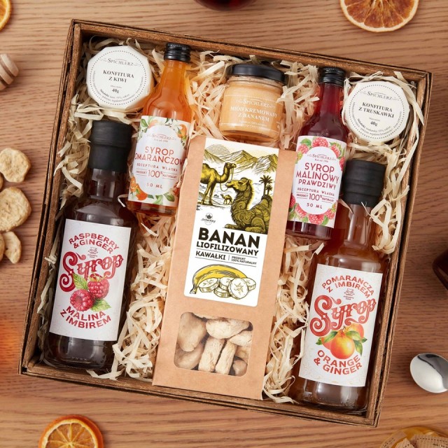BOX prezentowy dużo składników ZESTAW UPOMINKOWY syropy miód konfitura lio