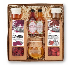 BOX na prezent TRUSKAWKA I MALINA duże kawałki syropy KONFITURY pomarańcza