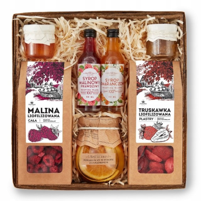 BOX na prezent TRUSKAWKA I MALINA duże kawałki syropy KONFITURY pomarańcza