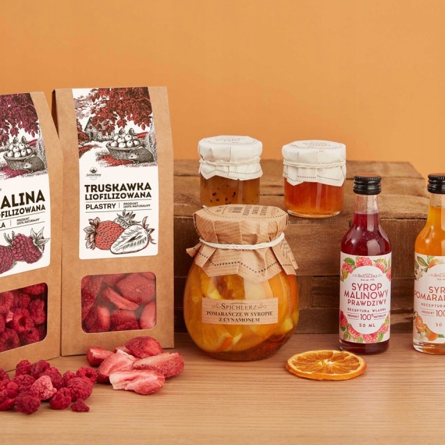 BOX na prezent TRUSKAWKA I MALINA duże kawałki syropy KONFITURY pomarańcza