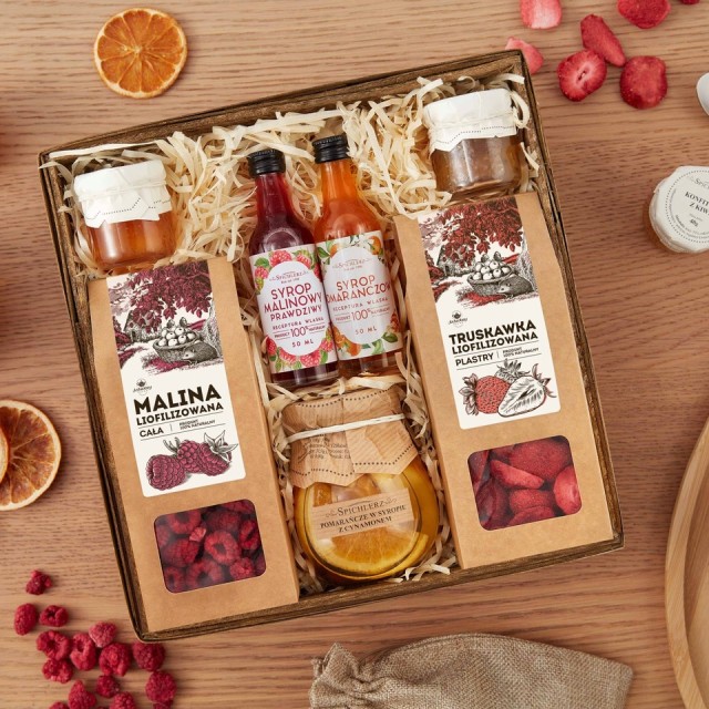 BOX na prezent TRUSKAWKA I MALINA duże kawałki syropy KONFITURY pomarańcza
