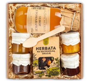 Karbowany kosz prezentowy syrop herbata mini konfitury