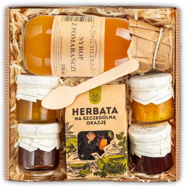 Karbowany kosz prezentowy syrop herbata mini konfitury