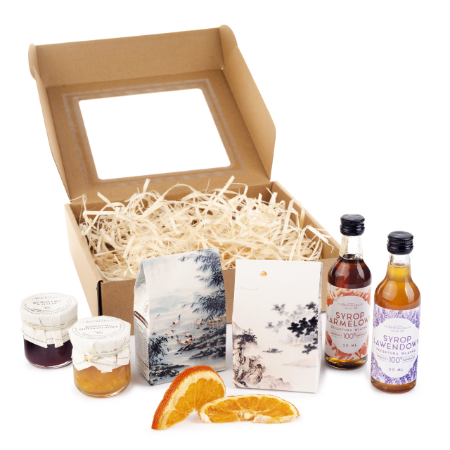 Box PREZENTOWY z herbatą i kawą eleganckie PUDEŁKO Z OKIENKIEM