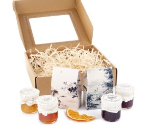 UPOMINEK zestaw HERBAT owocowa czarna konfitury prezent piękne opakowanie