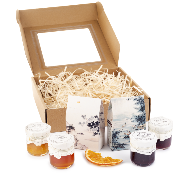 UPOMINEK zestaw HERBAT owocowa czarna konfitury prezent piękne opakowanie