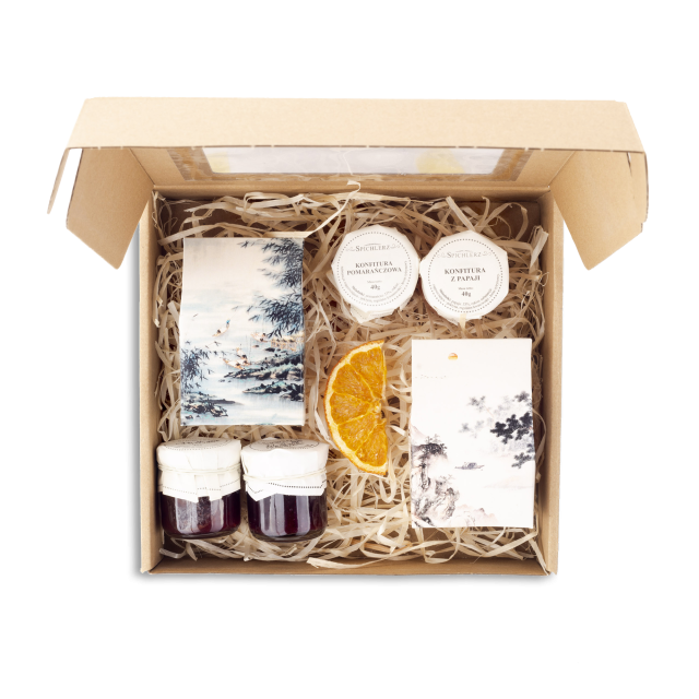 UPOMINEK zestaw HERBAT owocowa czarna konfitury prezent piękne opakowanie