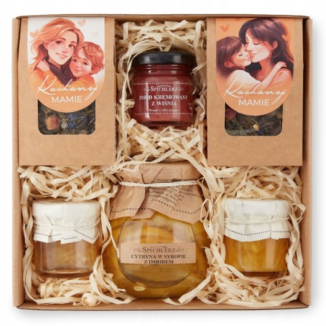 BOX dla mamy MIÓD konfitura elegancki zestaw z herbatą prezent na URODZINY