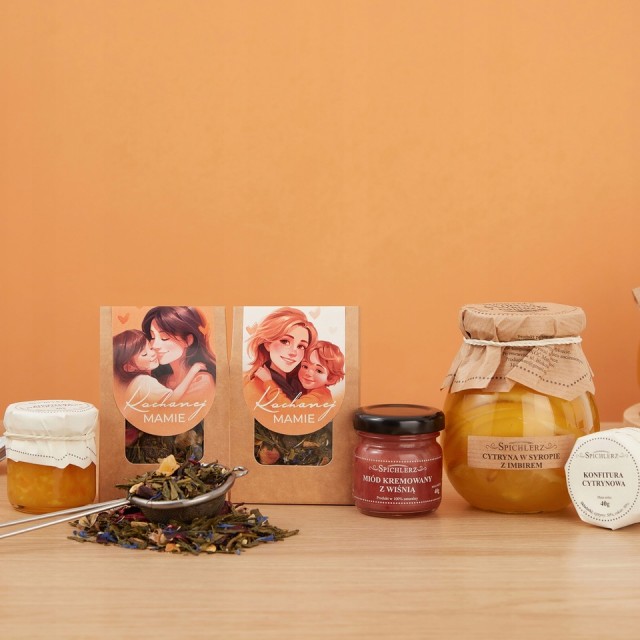 BOX dla mamy MIÓD konfitura elegancki zestaw z herbatą prezent na URODZINY
