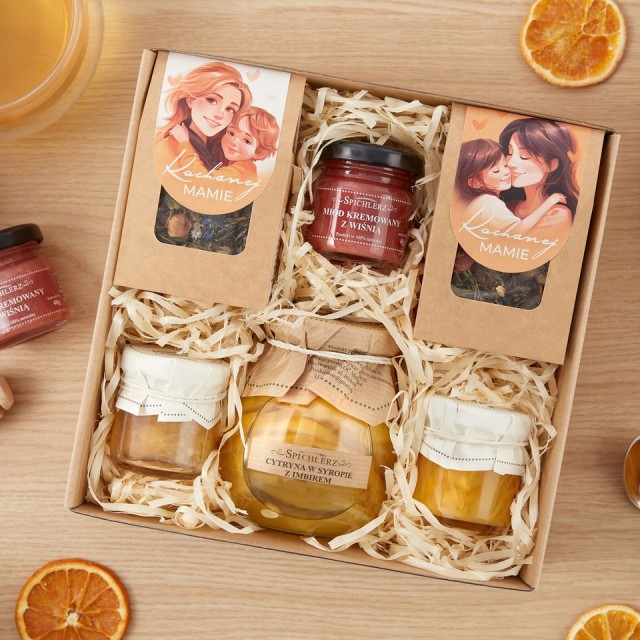BOX dla mamy MIÓD konfitura elegancki zestaw z herbatą prezent na URODZINY