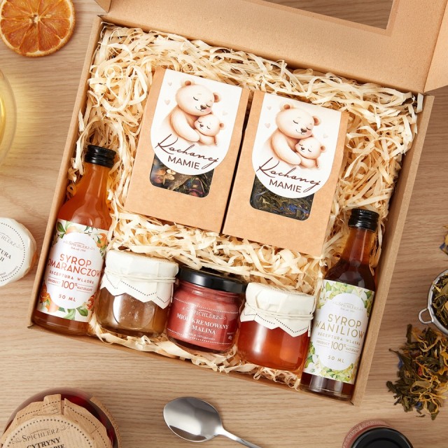 Upominek NA DZIEŃ MAMY box konfitury miody HERBATA prezent dla mamy SYROPY