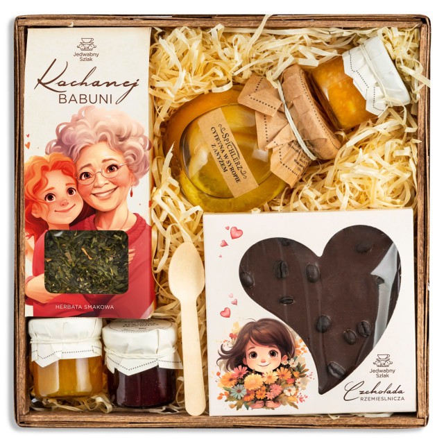 UPOMINEK dla BABCI prezent na urodziny zestaw KOSZ czekolada herbata BOX
