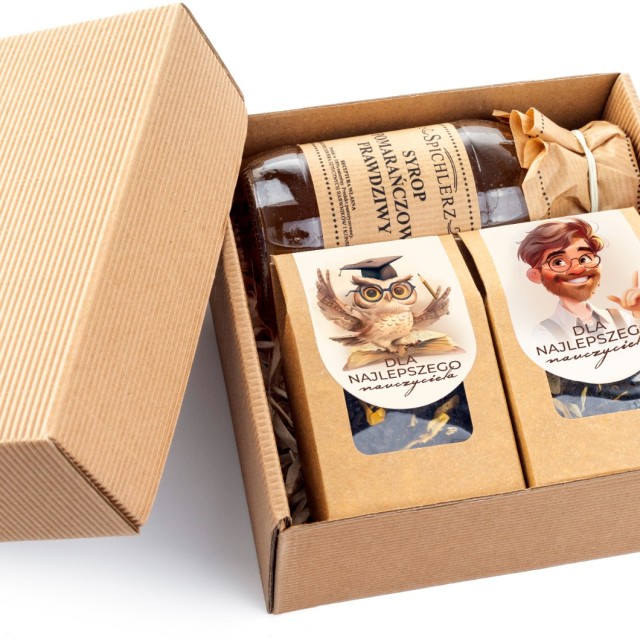 Zestaw kosz prezentowy DLA NAUCZYCIELA na prezent mężczyzna kartonik