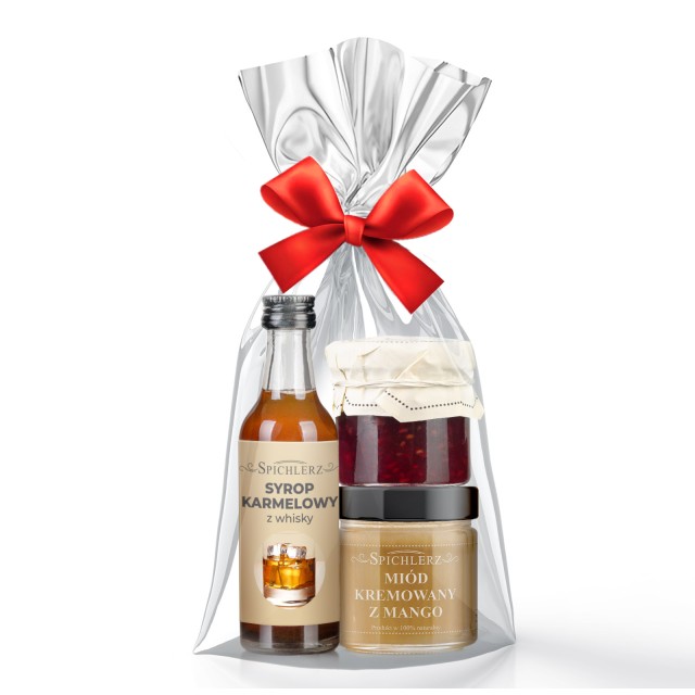 PODZIĘKOWANIE (miód krem. z mango , k-ra z malin, karmel z whisky)