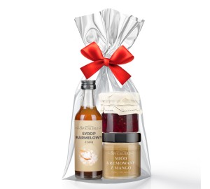 PODZIĘKOWANIE  (karmel z solą, k-ra z malin, miód krem z mango)