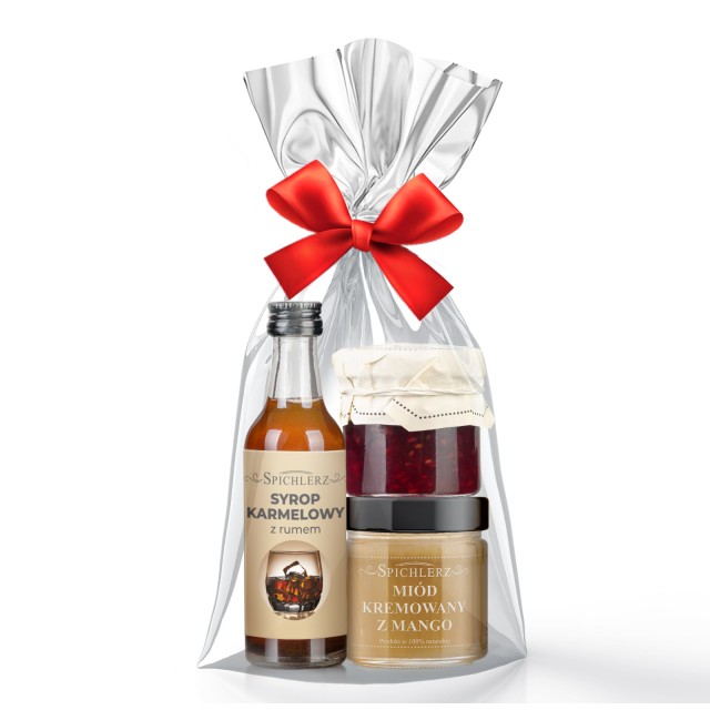 PODZIĘKOWANIE (k-ra z malin, miód krem. z mango, syrop karmel z rumem)