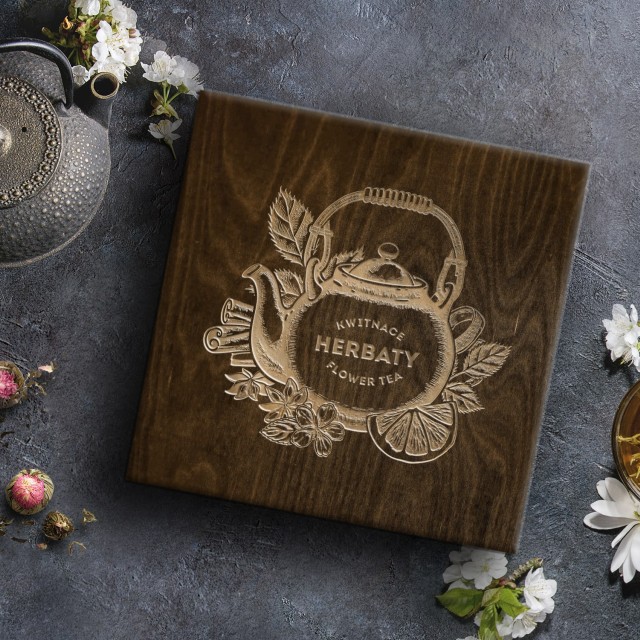 Zestaw herbat kwitnących w skrzynce 18 szt herbaciarka z grawerem