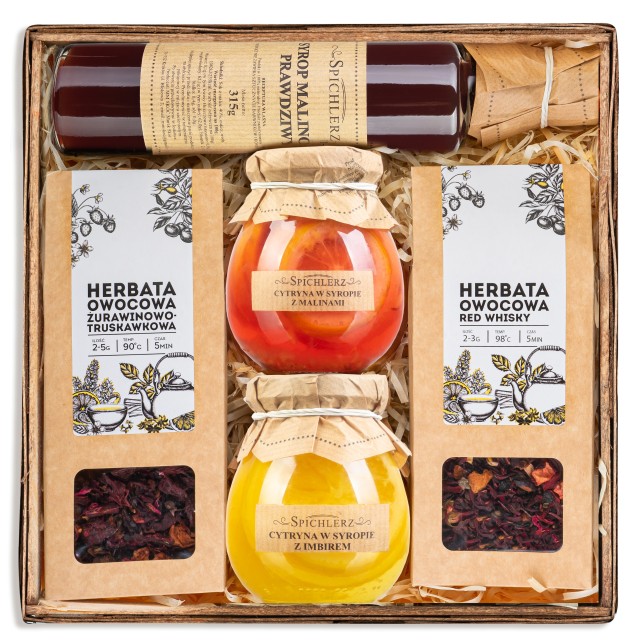 Kosz prezentowy z herbatą, cytrynami i syropem