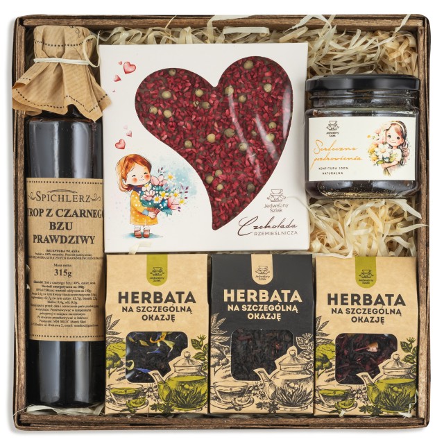 Kosz prezentowy z czekoladą, konfiturą oraz zestaw herbat