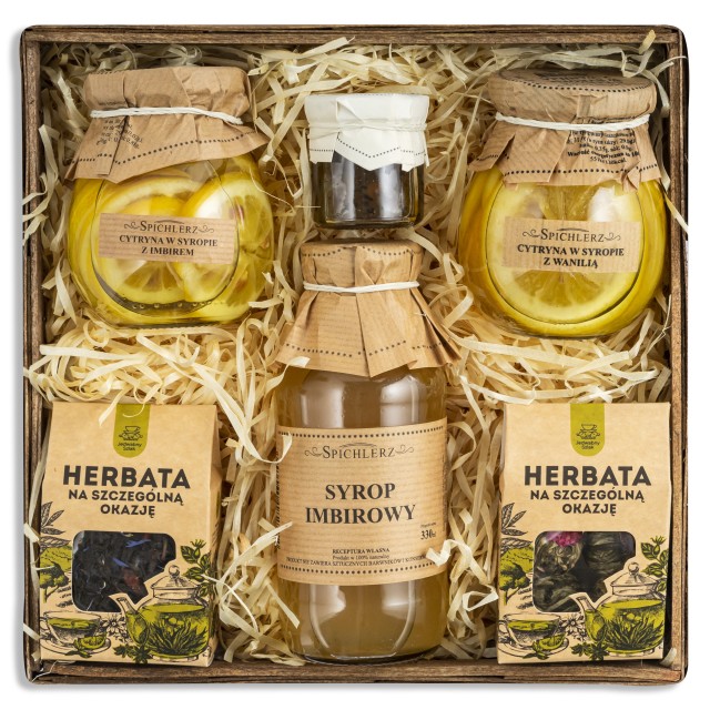 Kosz prezentowy herbata i cytryny w syropie