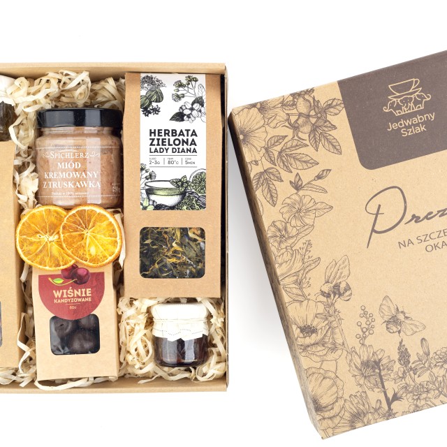 KOSZ PREZENTOWY z nadrukiem zestaw miód herbata słodycze