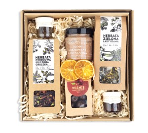 KOSZ PREZENTOWY z nadrukiem zestaw miód herbata słodycze