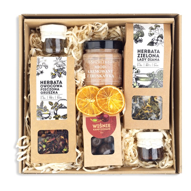 KOSZ PREZENTOWY z nadrukiem zestaw miód herbata słodycze