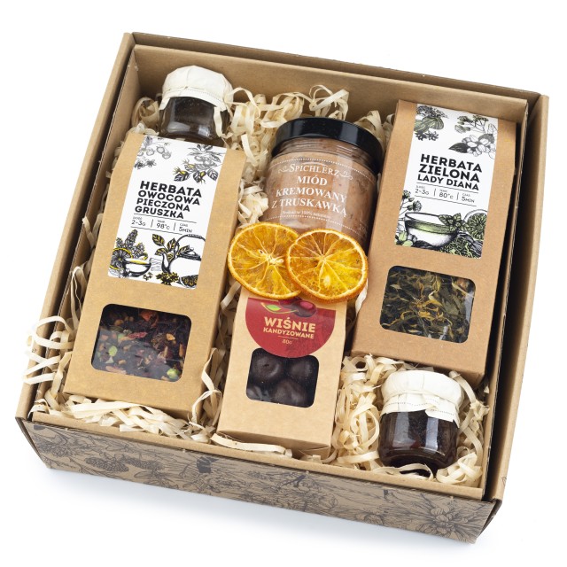 KOSZ PREZENTOWY z nadrukiem zestaw miód herbata słodycze