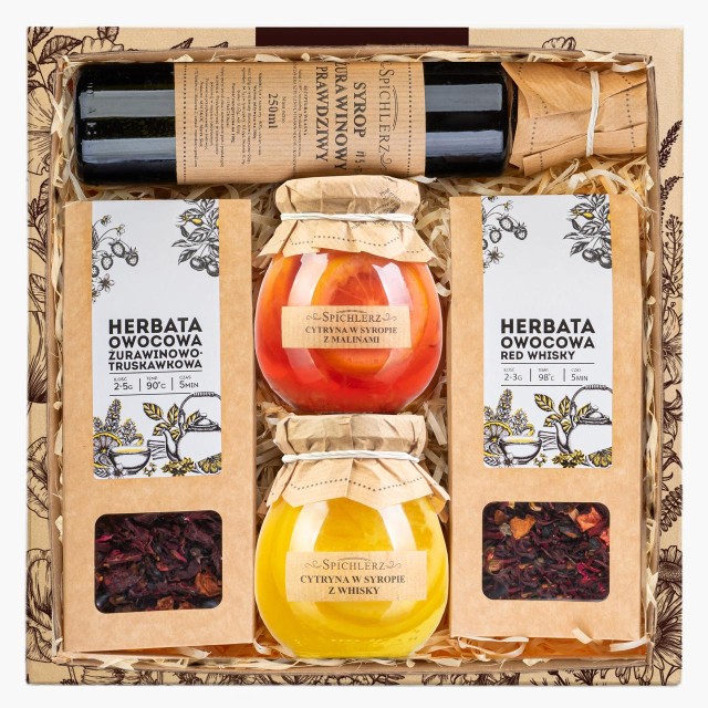 Kosz prezentowy ZESTAW z nadrukiem HERBATA SYROP ekskluzywny prezent