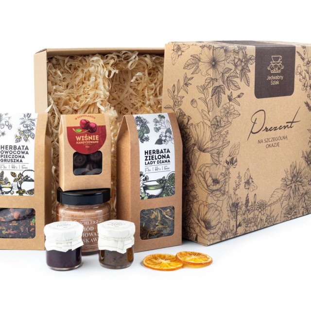 KOSZ PREZENTOWY z nadrukiem zestaw miód herbata słodycze