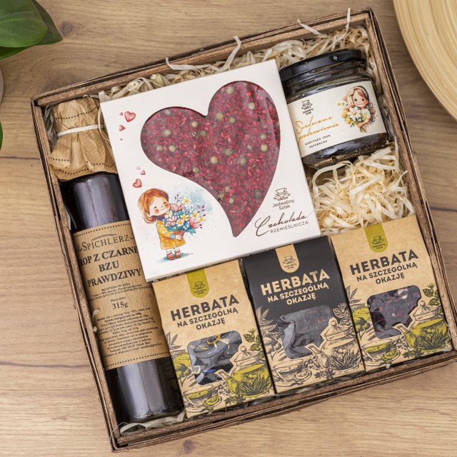 Kosz prezentowy z czekoladą, konfiturą oraz zestaw herbat