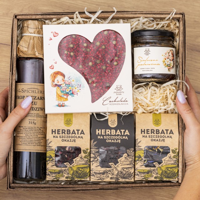 Kosz prezentowy z czekoladą, konfiturą oraz zestaw herbat